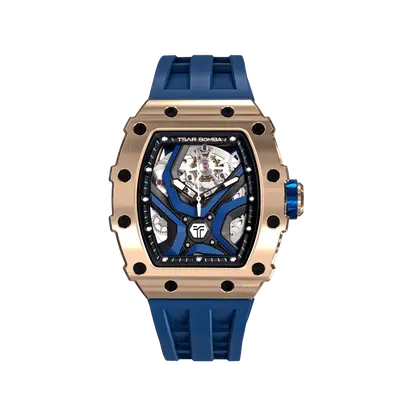 TSAR BOMBA Elemental Series Gold Blue Luxury Men's Automatic Watch 閳ワ拷Skeleton Mechanical Dial, Stainless Steel Bezel, ...