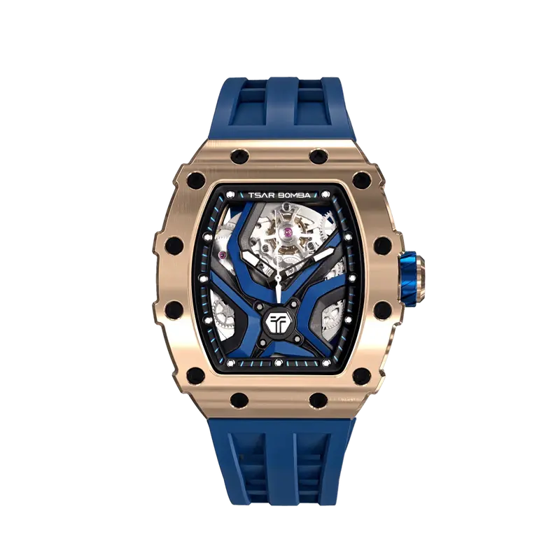 TSAR BOMBA Elemental Series Gold Blue Luxury Men's Automatic Watch 閳ワ拷Skeleton Mechanical Dial, Stainless Steel Bezel, ...