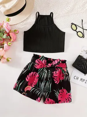 Girl's Crop Cami Top & Paper Bag Waist Shorts Set, Casual Sleeveless Top & Leaf Print Belted Shorts for Summer, Kids Clothes ...