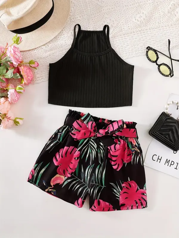 Girl's Crop Cami Top & Paper Bag Waist Shorts Set, Casual Sleeveless Top & Leaf Print Belted Shorts for Summer, Kids Clothes ...