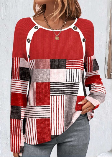 Modlily Red Button Geometric Print Long Sleeve T Shirt - M