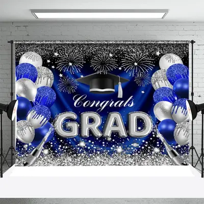 Blue Silver Sparkling Balloon Graduation Backdrop - Aperturee