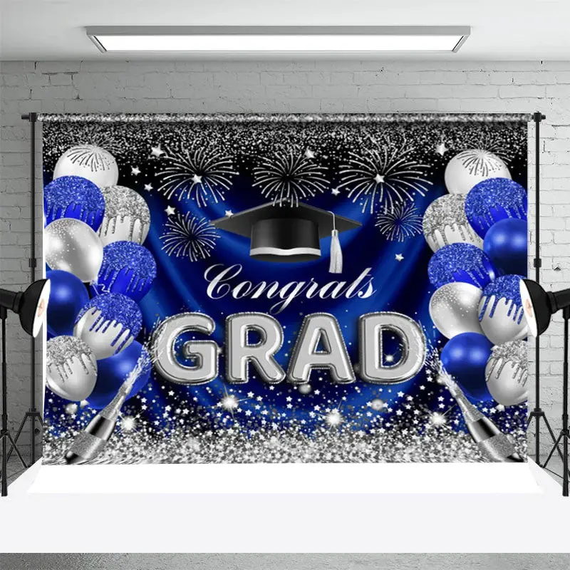 Blue Silver Sparkling Balloon Graduation Backdrop - Aperturee
