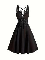 【Plus Size】 Gothic Lace Up Grommet Eyelet Tie Front A Line Fit Dress, Solid High Waist Buckle Belted Sleeveless Short Dre...