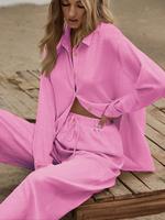 Two-piece Set Women's Solid Color Top & Wide Leg Pants Set, Casual Button Front Shirt & Trousers for Daily Wear, Ladies Two-p...