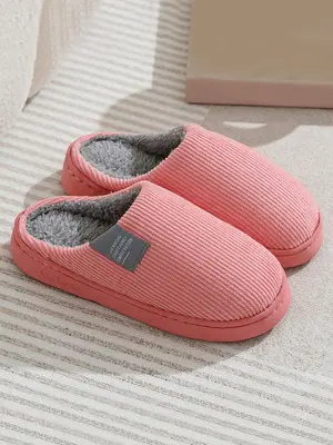 Striped Print Letter Label Design Plush Slippers for Galentineday Wear, Casual Soft Comfortable Home Slippers, All-match Indo...