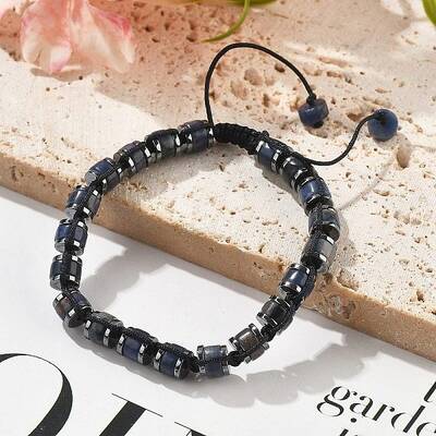 Adjustable Natural Sodalite and Non-magnetic Synthetic Hematite Braided Bead Bracelets