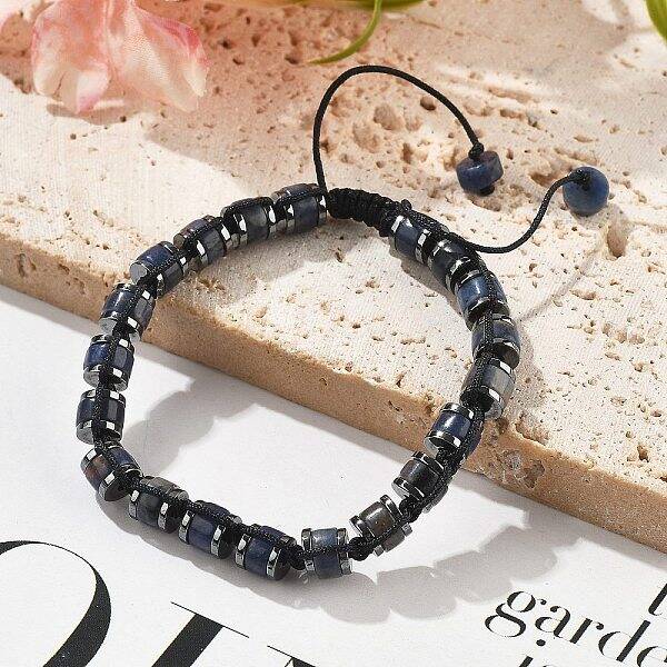Adjustable Natural Sodalite and Non-magnetic Synthetic Hematite Braided Bead Bracelets