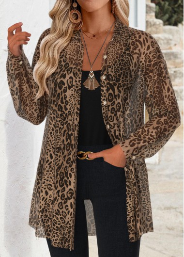 Modlily Light Coffee Tummy Coverage Leopard Long Sleeve Shirt - S