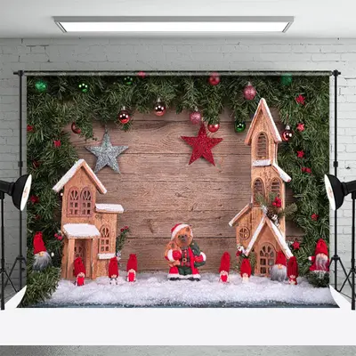 Cute Elves Plank Green Leaves Stars Christmas Backdrop - Aperturee