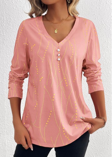 Modlily Pink Button Geometric Print Long Sleeve T Shirt - XL