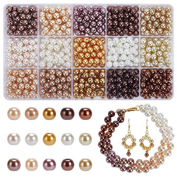 750Pcs 15 Colors Baking Painted Pearlized Glass Pearl Round Beads