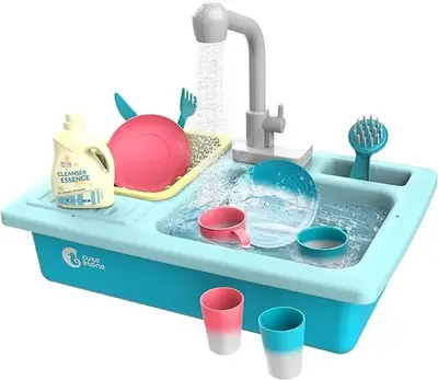CUTE STONE Color Changing Kitchen Sink Toys, Heat Sensitive Electric Dishwasher Playing Toy with Running Water, Automatic Wat...