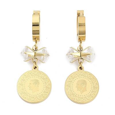 Flat Round with Humen 304 Stainless Steel Dangle Earrings