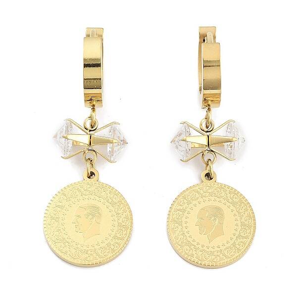 Flat Round with Humen 304 Stainless Steel Dangle Earrings