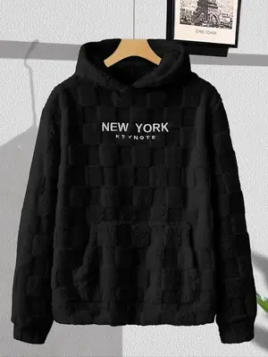 Men's Letter Embroidery Pocket Textured Flannel Hoodie, Loose Casual Long Sleeve Hooded Sweatshirt for Fall & Winter, Menswea...