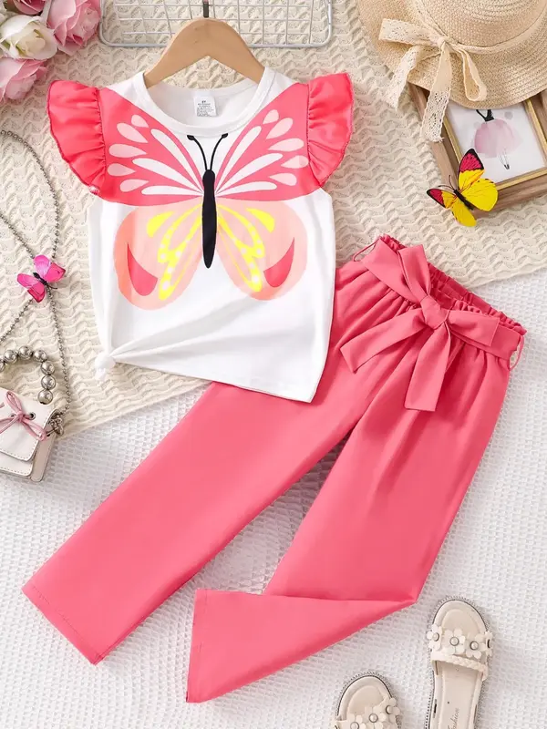 Girl's Butterfly Print Tee & Pants Two-piece Set, Casual Cap Sleeve T-shirt & Trousers for Daily Wear, Kids Summer Clothes