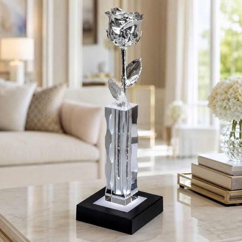 Illuminated 8 Platinum Rose in 5 Cut Crystal Vase