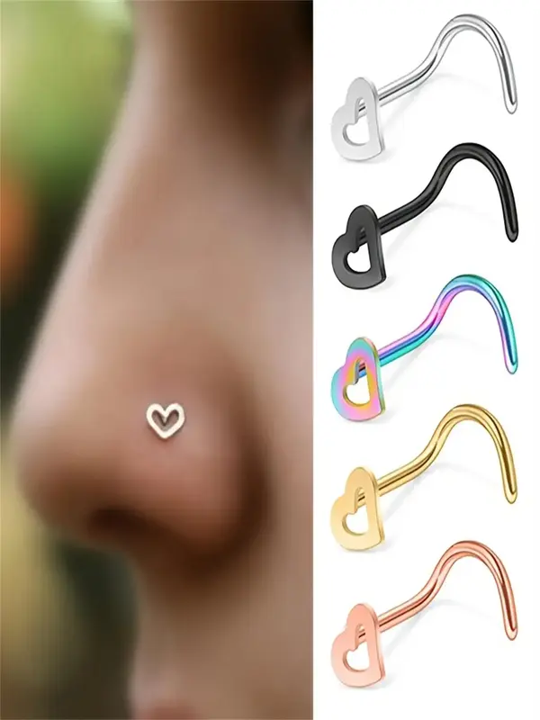 Cute Hollow out Heart Design Nose Ring As Gift for Couple, 5pcs Stainless Steel Nose Studs for Boyfriend & Girlfriend, Elegan...