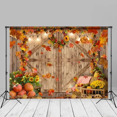 Maples Wood Door Pumpkin Sunflower Autumn Backdrop - Aperturee