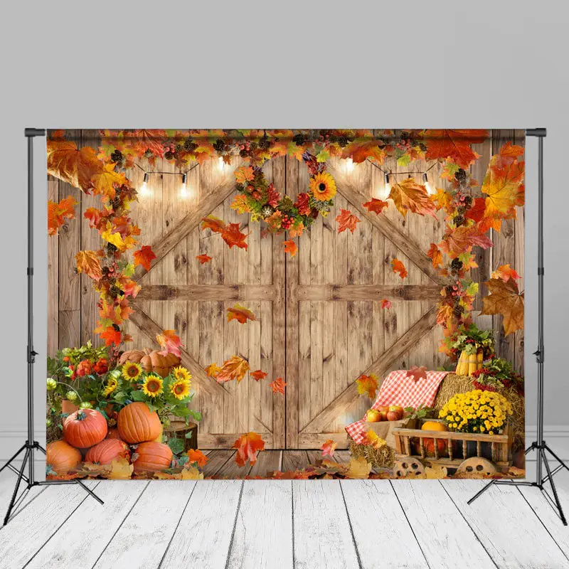 Maples Wood Door Pumpkin Sunflower Autumn Backdrop - Aperturee