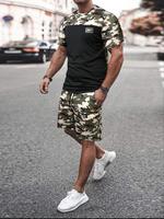 Men's Camo Patchwork Short Sleeve Tee & Drawstring Waist Shorts Set, Regular Fit Casual Round Neck T-shirt & Shorts, Summer O...