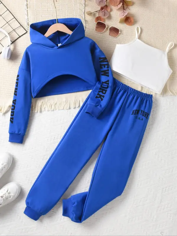 Three-piece Set Girl's Letter Print Drop Shoulder Crop Hooded Sweatshirt & Cami Top & Pants Set, Casual Fashion Three-piece O...