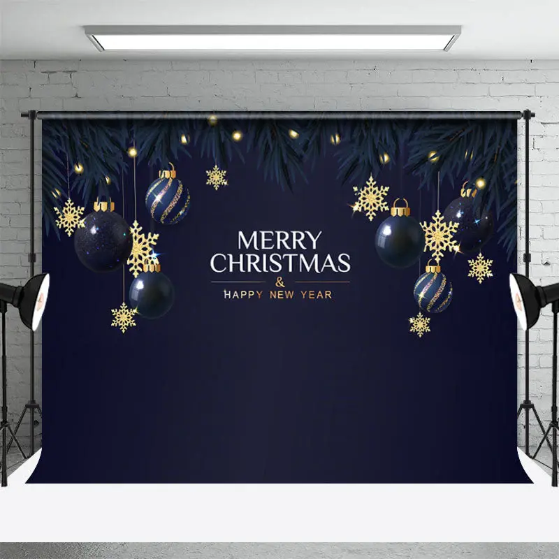 Blue Gold Ball Merry Christmas Happy New Year Backdrop - Aperturee