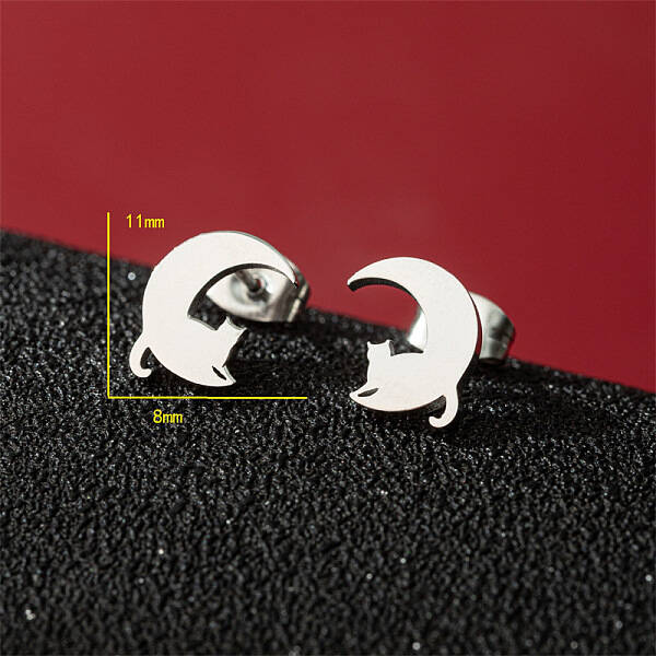 Stainless Steel Moon & Cat Shape Stud Earrings