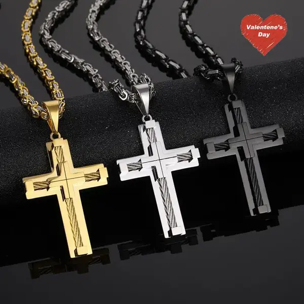 GAB  Large Jesus Heavy Metal  Christ Cross,22-26 Inch Byzantine Necklace,Stainless Steel Cuban Link Chain For Man,Labor Day G...