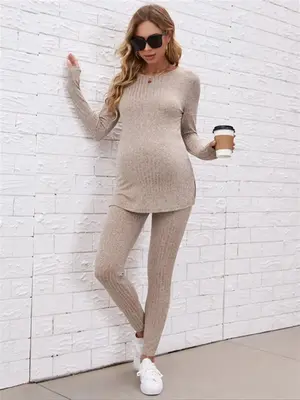 Two-Piece Set Women's Plain Set, Casual Split Top & Adjustable Pants Set, Women's 2 Piece Sets, Maternity Clothes for Pregna...