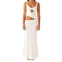 Women Y2K Cutout Maxi Dress Sleeveless Solid V-neck Backless Hollowed Swing Formal Bodycon Maxi Dress Summer Beach Vacation C...