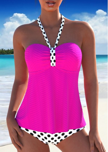 Modlily Tie Polka Dot Hot Pink Tankini Set - L