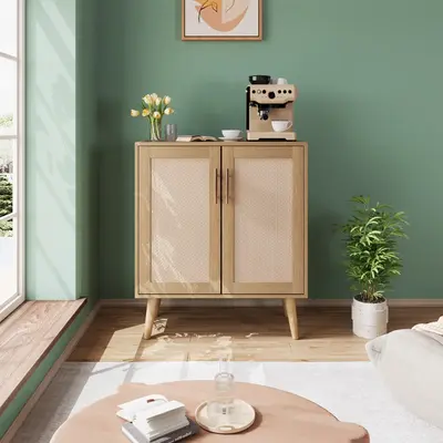 VOWMER Buffet Sideboard Rattan Cabinet with Storage, Cupboard Console Table with Solid Wood Feet, Coffee Bar Cabinet with St...