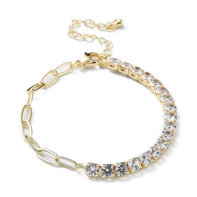 Brass Micro Pave Cubic Zirconia Strass & Paperclip Chain Bracelets