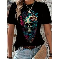 Women's Casual Crew Neck T-Shirt with Floral Skull Print, Polyester and Spandex Blend, Knit Fabric, Regular Length, All-Seaso...