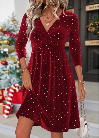 Modlily Wine Red Tummy Coverage Short Long Sleeve Dress - S