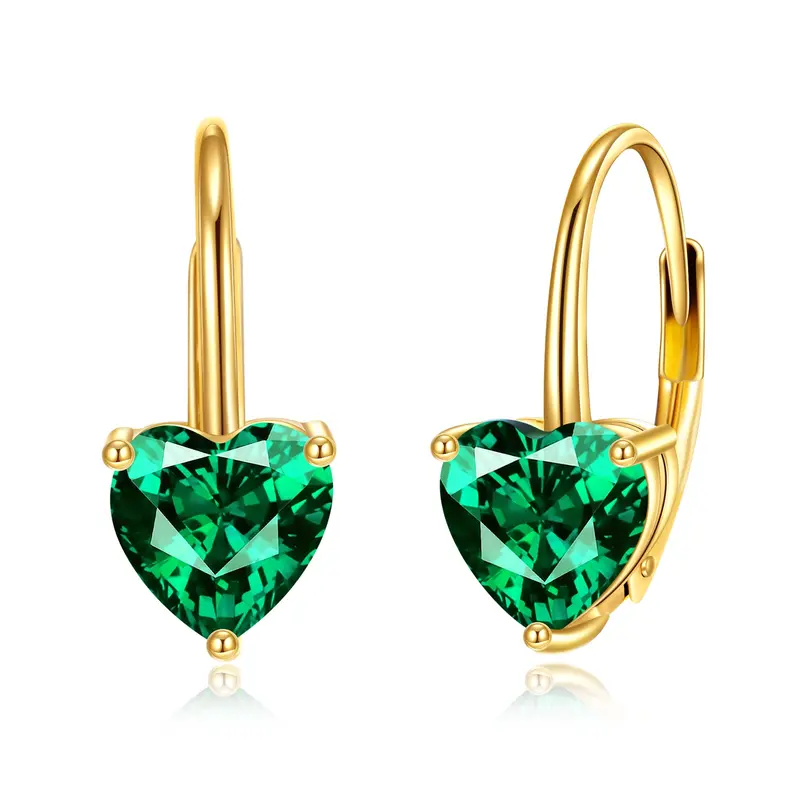 Sterling Silver with Yellow Gold Plated Heart Cut Emerald Heart Lever-back Earrings