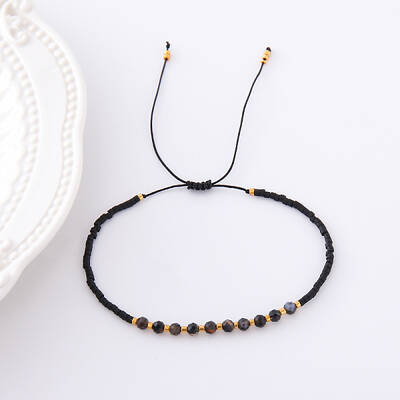 2mm Faceted Natural Dyed & Heated Black Agate Beaded Braided Adjustable Bracelets for Women