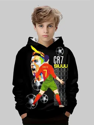 Boys' Fashion Football Player Hoodie, 3D Print Long Sleeve Pullover, Casual Fitted Sweatshirt for Spring & Fall Sports, Graph...