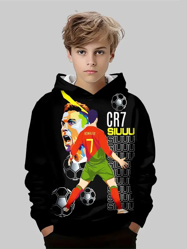 Boys' Fashion Football Player Hoodie, 3D Print Long Sleeve Pullover, Casual Fitted Sweatshirt for Spring & Fall Sports, Graph...