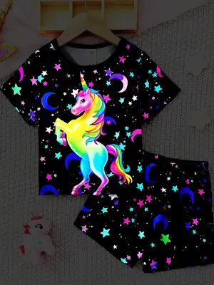 Girl's Unicorn Print Short Sleeve Tee & Shorts Two-piece Set, Casual Round Neck T-shirt & Shorts, Summer Clothes for Kids Out...