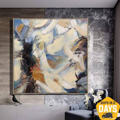 Beige Abstract Expressionist Painting On Canvas In Pastel Colors Acrylic Fine Art Hand Painted Artwork | SKY HAVEN 26"x2...