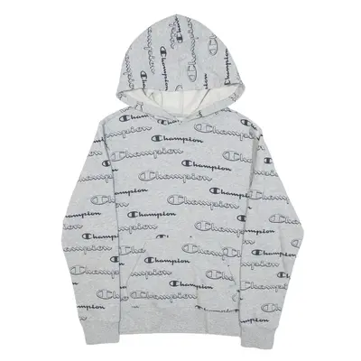 CHAMPION All Over Logo Print Hoodie Grey Pullover Boys L