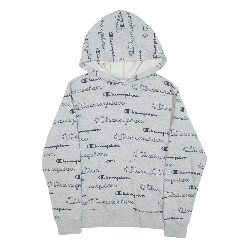 CHAMPION All Over Logo Print Hoodie Grey Pullover Boys L