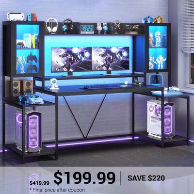 SEDETA | 74.8 Inch LED Ergonomic Gaming Table Computer Desk with Hutch and Storage Shelves Black Home Office Furniture