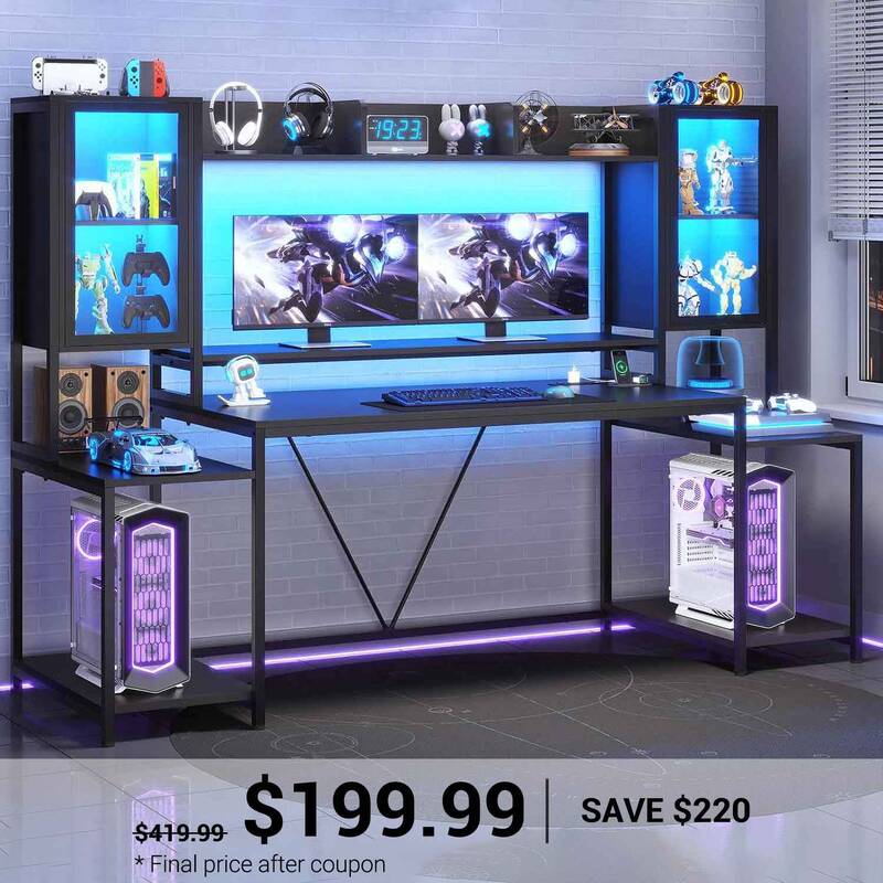 SEDETA | 74.8 Inch LED Ergonomic Gaming Table Computer Desk with Hutch and Storage Shelves Black Home Office Furniture
