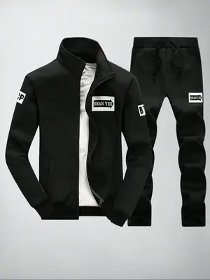 Men's Letter Print Zip Up Sweatshirt & Drawstring Waist Sweatpants Set, Casual Funnel Neck Long Sleeve Outerwear & Pocket Jog...