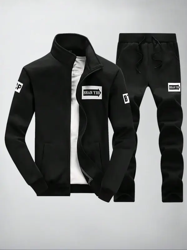 Men's Letter Print Zip Up Sweatshirt & Drawstring Waist Sweatpants Set, Casual Funnel Neck Long Sleeve Outerwear & Pocket Jog...