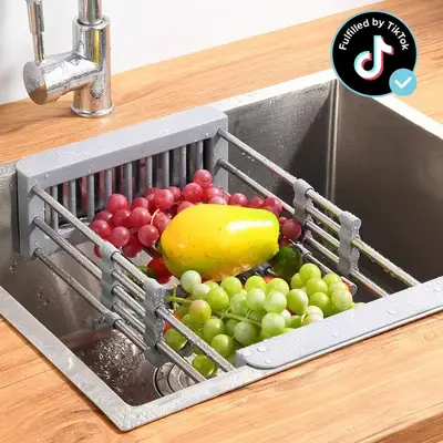 Stainless Steel Hanging Dish Rack, 1 Count Adjustable Multi-function Water Filter Basket for Fruits & Vegetables, Kitchen Sin...